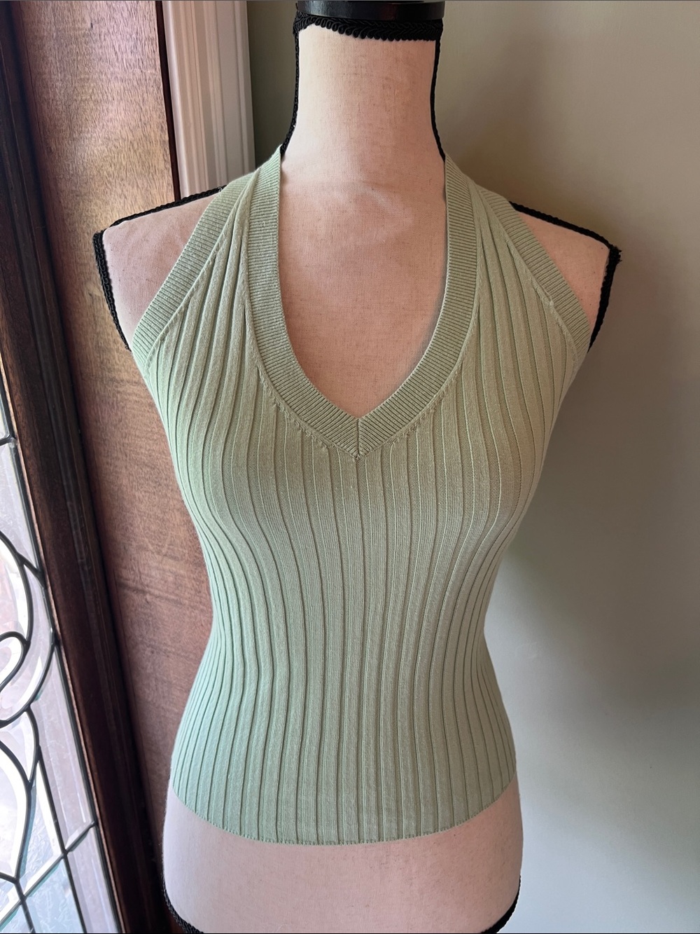 LOFT Sage Green Ribbed Halter V-Neck Tank